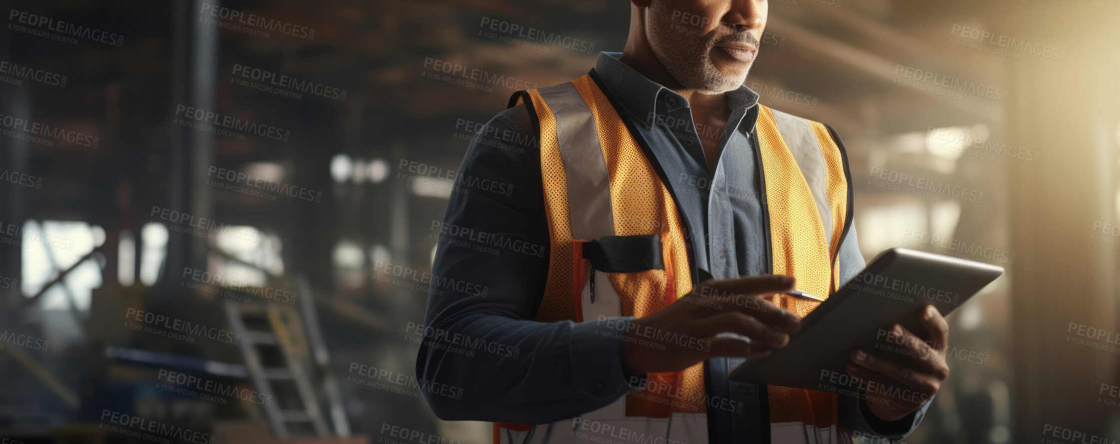 Buy stock photo Civil engineer or professional architectural designer holding a tablet and working on site