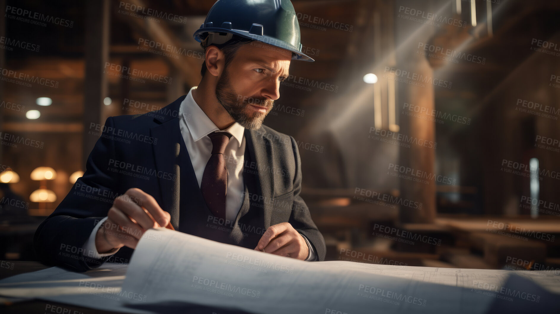 Buy stock photo Professional architect constructor engineer working, looking at building plan