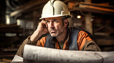 Stressed Professional architect constructor engineer working, looking at building plan