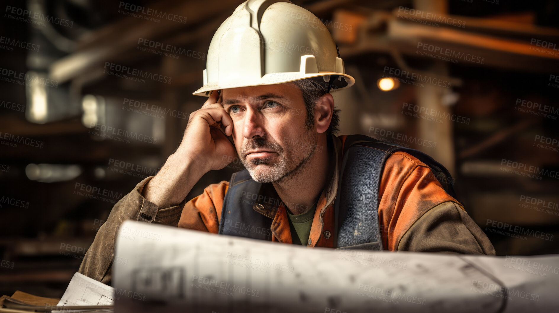Buy stock photo Stressed Professional architect constructor engineer working, looking at building plan