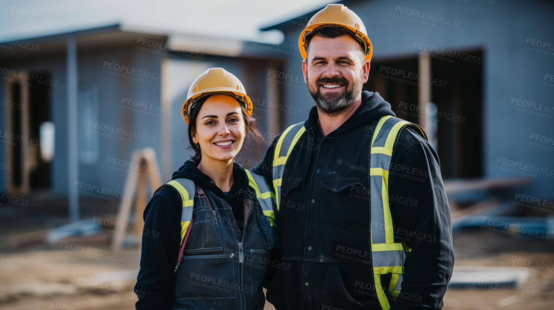 Buy stock photo Portrait of smiling civil engineer or professional building constructors or architects