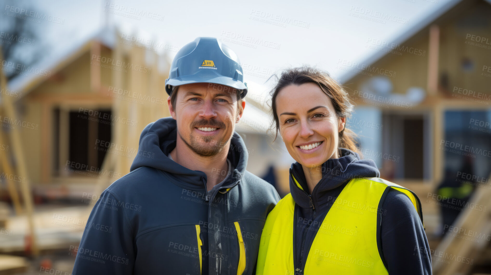 Buy stock photo Portrait of smiling civil engineer or professional building constructors or architects