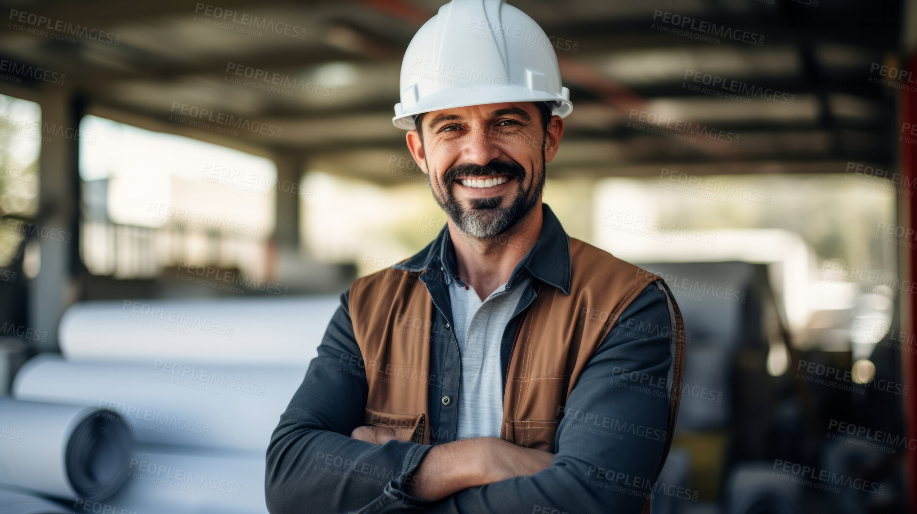 Buy stock photo Portrait of smiling civil engineer or professional building constructor wearing safety hat