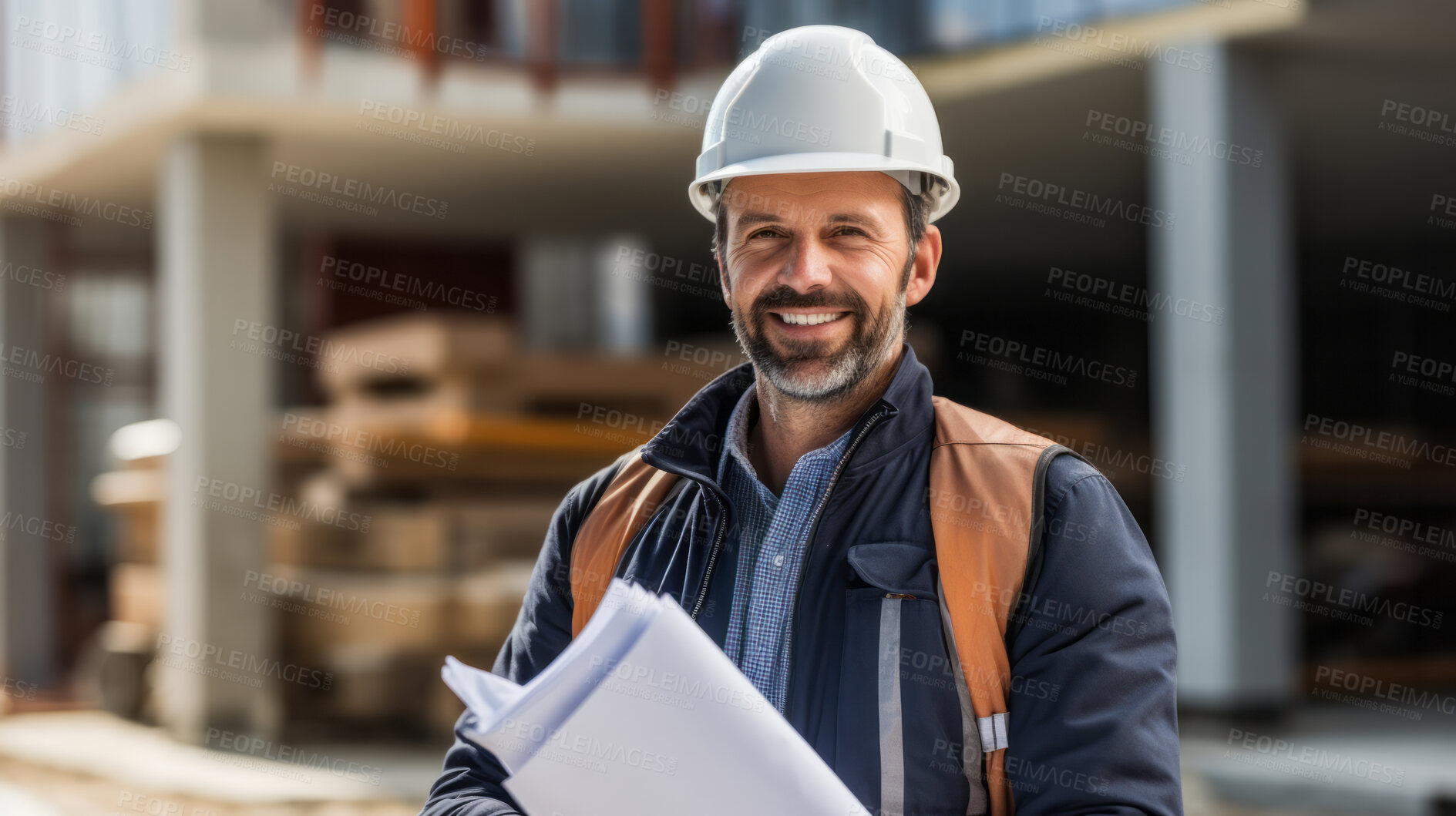 Buy stock photo Portrait of smiling civil engineer or professional building constructor wearing safety hat