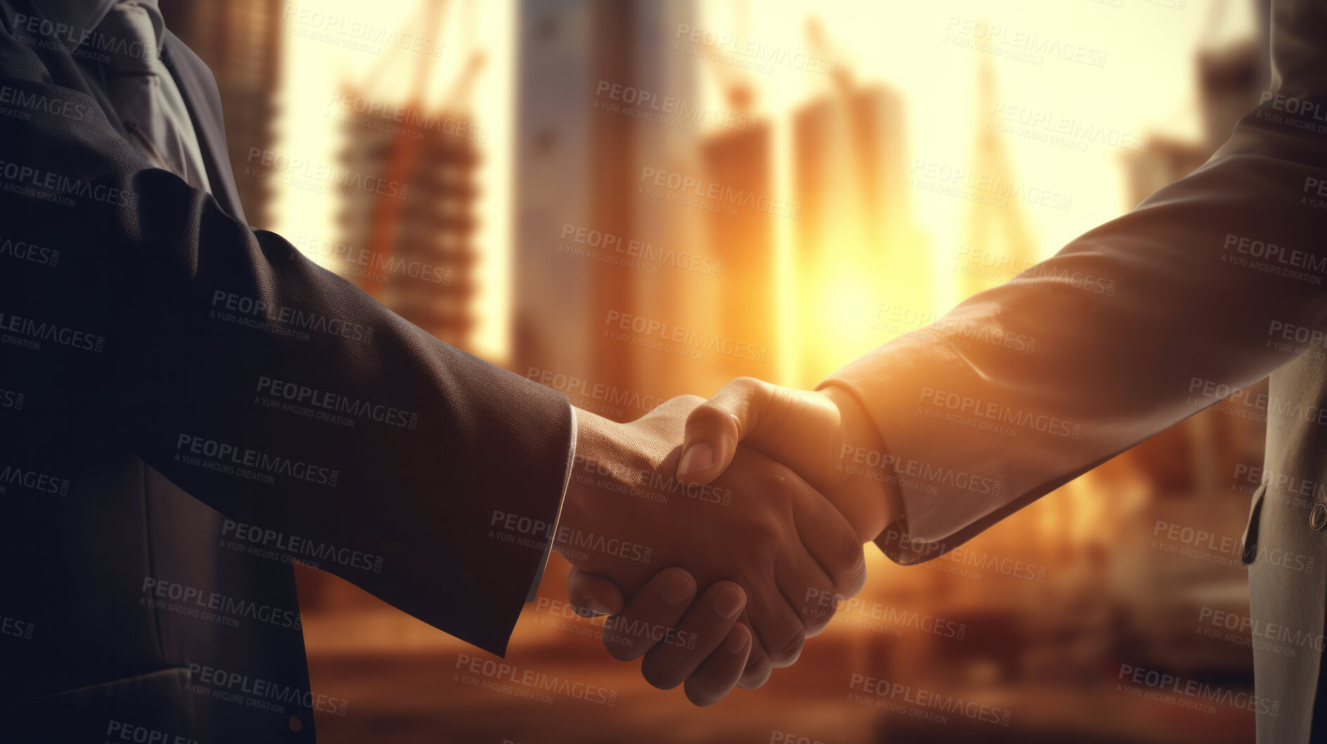 Buy stock photo Business man handshake with construction builder or engineer. Silhouette sunrise handshake