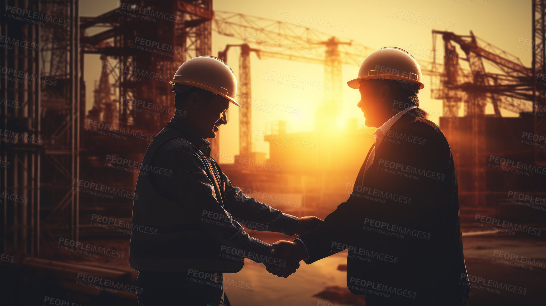 Buy stock photo Business man handshake with construction builder or engineer. Silhouette sunrise handshake