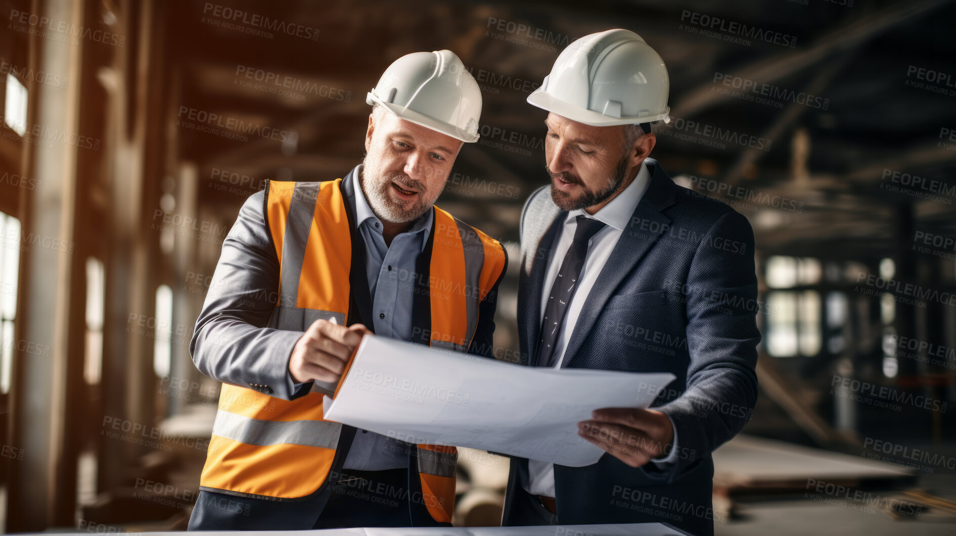 Buy stock photo Professional architect constructor engineer working, discussing building plan