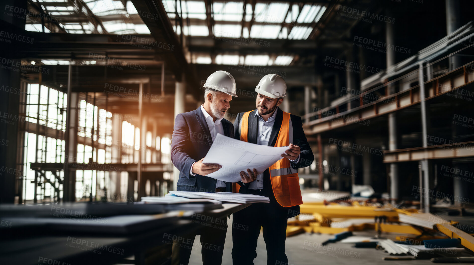 Buy stock photo Professional architect constructor engineer working, discussing building plan