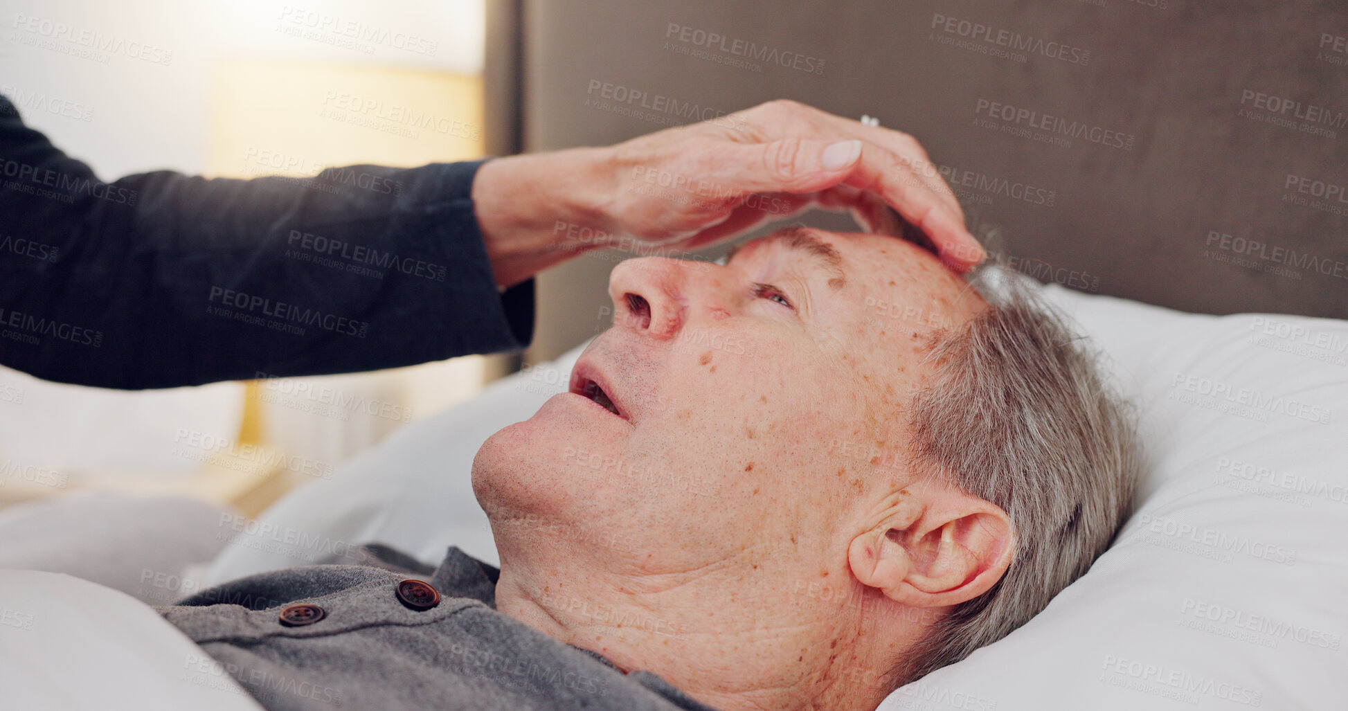 Buy stock photo Elderly woman caring her husband in bed with love, care and marriage at modern home together. Sick, recover and senior couple in retirement with illness in bedroom of hospice, nursing center or house