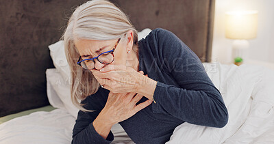 Buy stock photo Illness, cough and senior woman in bed with allergies, flu or cold on a weekend morning at home. Sick, chest pain and elderly female person in retirement with asthma or infection in bedroom at house.