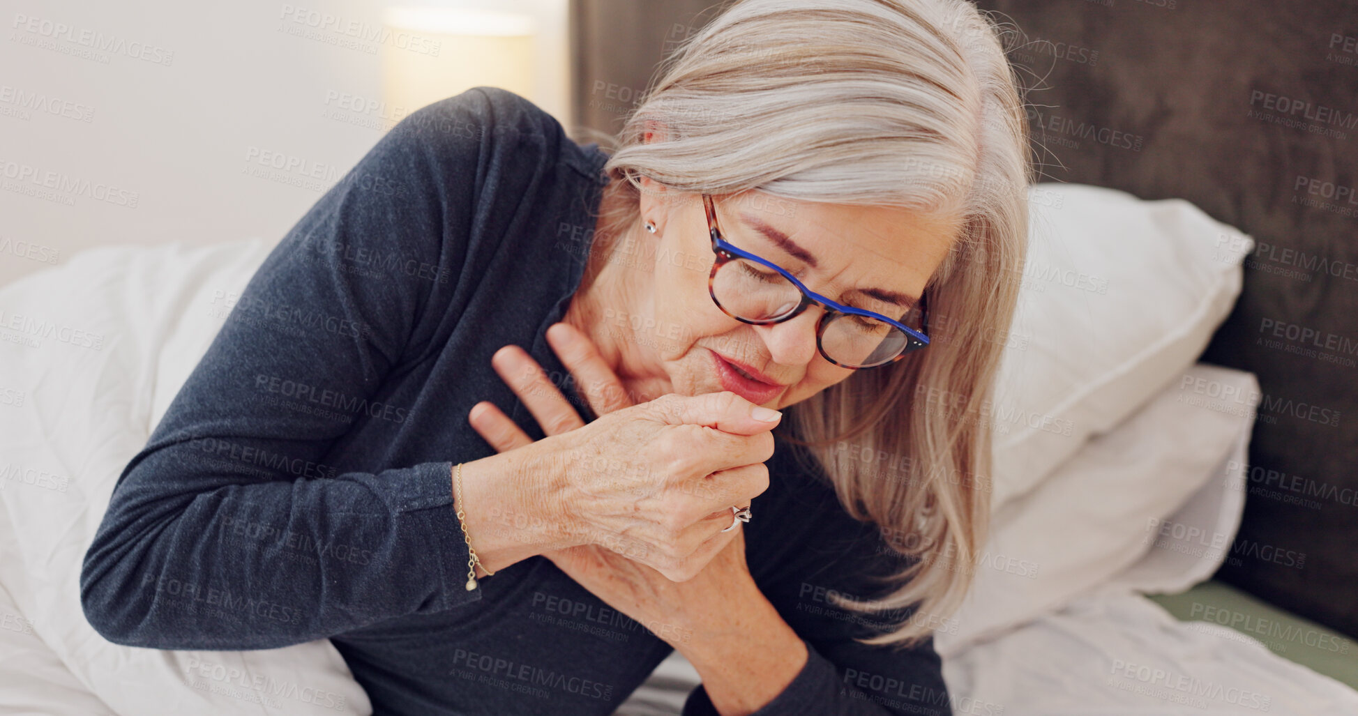 Buy stock photo Sick, cough and senior woman in bed with allergies, flu or cold on a weekend morning at home. Illness, chest pain and elderly female person in retirement with asthma or infection in bedroom at house.