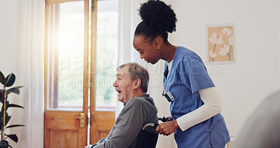 Buy stock photo Senior care, nurse and old man with wheelchair, smile and help in healthcare at nursing home. Support, kindness and caregiver with elderly person with disability for homecare, retirement and service.