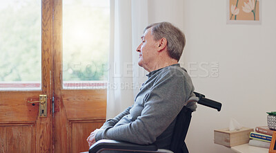 Buy stock photo Wheelchair, thinking and sad senior man in retirement home with mental health and grief. Bedroom, idea and elderly male person with disability at window with memory, lonely and dream in a house