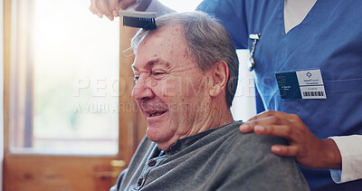 Buy stock photo Senior man, nurse and comb hair with smile for grooming, care and wellness with helping hand in retirement. Elderly person, caregiver and haircare in nursing home for support, assisted living or talk