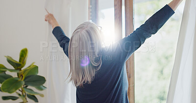 Buy stock photo Elderly woman in home, opening curtains and getting ready for the day with sun, light and fresh air. Morning routine, retirement and senior person at window in apartment, housework and chores in room
