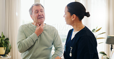 Buy stock photo Throat, nurse and senior man with a disease, sick and cold with virus, illness or inflammation. Pensioner, old person or mature guy with caregiver, professional or healthcare with medicare or thyroid