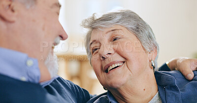 Buy stock photo Hug, laughing or old couple in home talking to relax, enjoy conversation or funny joke together in retirement. Happy, senior woman or elderly man bonding with love, support or smile in living room