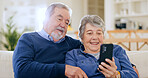 Home, relax and senior couple with smartphone, smile and connection with social media, speaking and email. Digital app, mature man and old woman with cellphone, mobile user and website information