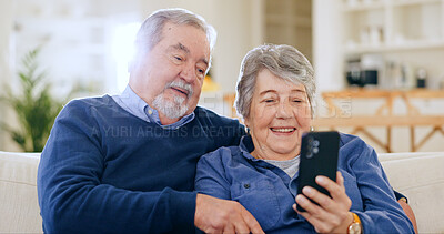Home, relax and senior couple with smartphone, smile and connection with social media, speaking and email. Digital app, mature man and old woman with cellphone, mobile user and website information