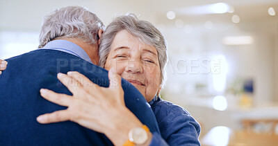 Happy, love or old couple hug in home to relax for connection, support, bond with smile. Trust, comfort or elderly people in marriage, house or retirement with commitment, care or affection together