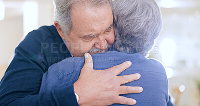 Buy stock photo Comfort, love or old couple hug in home to relax for connection, support, bond with peace. Trust, sorry or elderly people in marriage, house or retirement with commitment, care or affection together