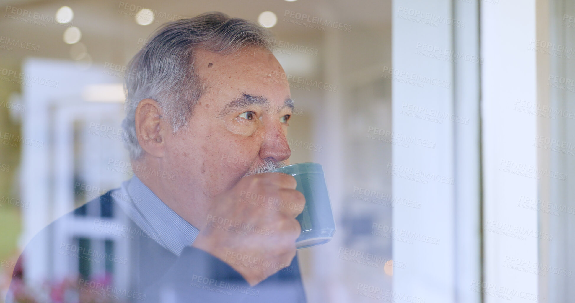 Buy stock photo Coffee, thinking or face of an old man by window in retirement with ideas or memory in living room. Lonely, remember or elderly person looking or wondering about future in home alone drinking tea