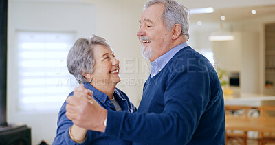Home, dance and senior couple with love, happiness and retirement with romance in a living room. Romantic, elderly woman and old man with celebration, move and anniversary with a smile and cheerful