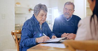 Buy stock photo Will, paper or old couple with contract to sign application or writing on document for life insurance. Senior people, lawyer or client signature for legal form compliance or title deed agreement 