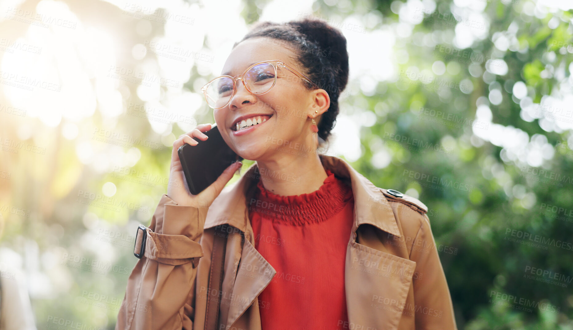 Buy stock photo Phone call, woman and smile in park or outdoor with communication, networking or technology for business. Person, face and smartphone with happiness for conversation, discussion or chat in nature