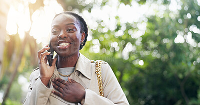 Smile, black woman and phone call outdoor, business conversation and talk to contact. Smartphone, chat in park and happy African person listening to story, news and consultant on mobile technology
