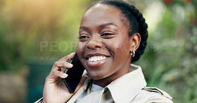 Phone call, face and woman with smile in park or nature with communication, networking or technology for business. Black person, smartphone and happiness for conversation, discussion or chat outdoor