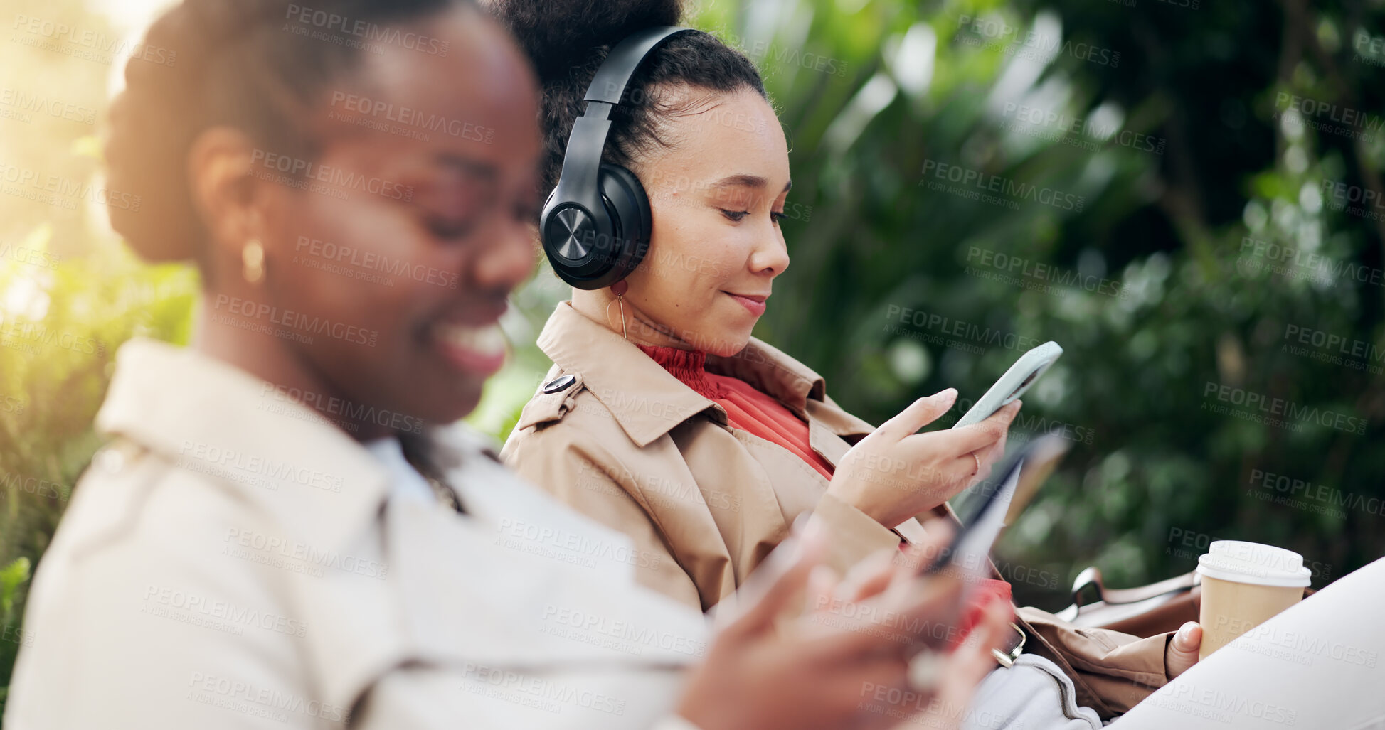 Buy stock photo People, relax and coffee break in park with phone, communication or social media. Online, technology and happy employees rest from work and reading chat on cellphone outdoor on lunch in morning