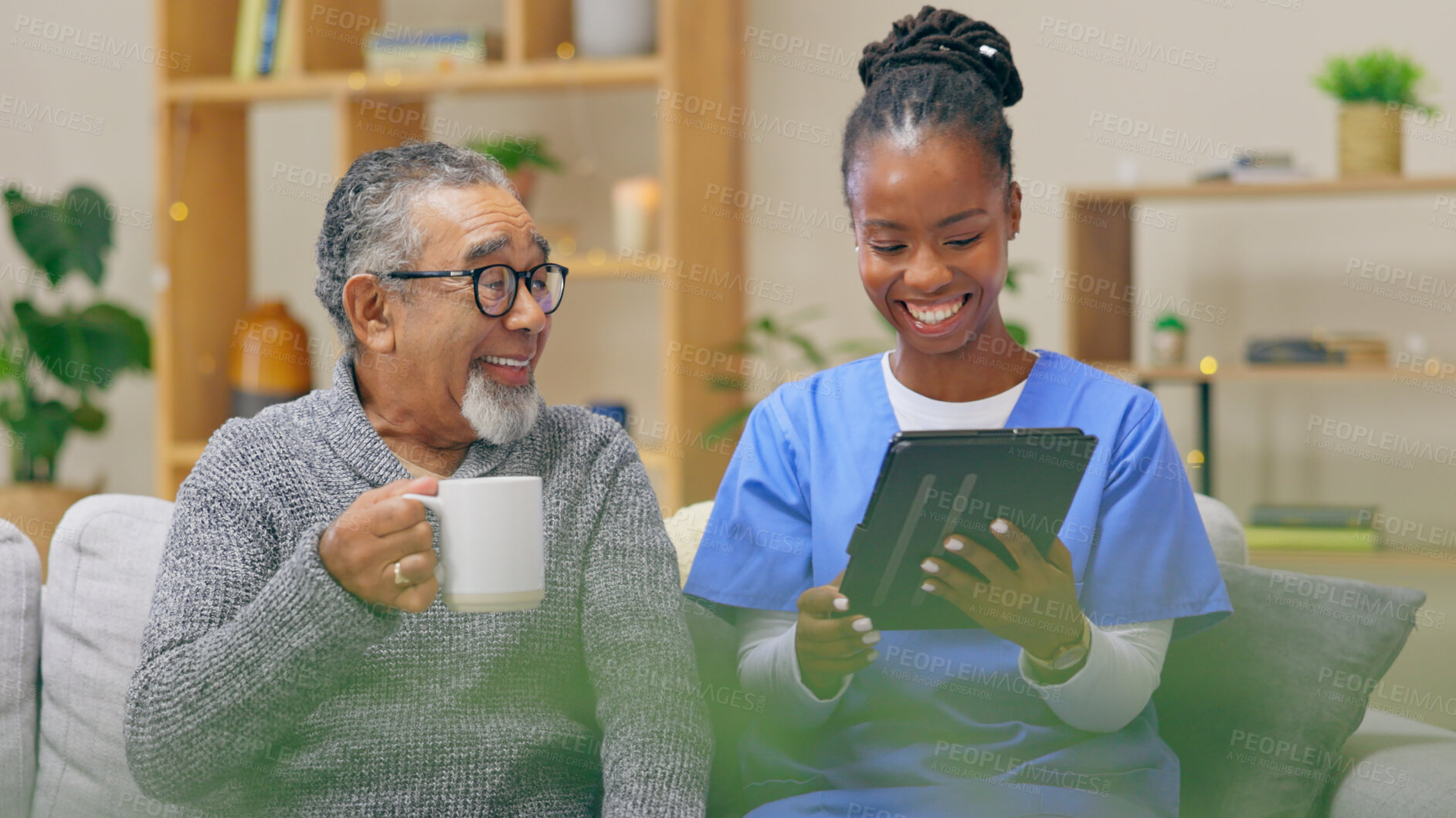 Buy stock photo Home, old man and nurse with a tablet, conversation and email notification with internet, love and social media. Black woman, caregiver or elderly person on a sofa, technology and connection with app