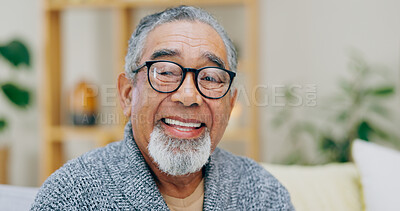 Buy stock photo Portrait, smile and senior man with retirement, relax and glasses with a break, home and pensioner in a living room. Face, elderly person and mature guy with eyewear, retired and aged in a lounge