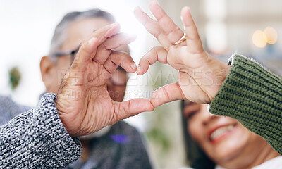 Buy stock photo Trust, heart hands or old couple with support, love or hope in a marriage commitment at home together. Happy, valentines day blur or romantic senior man with smile or elderly woman on anniversary