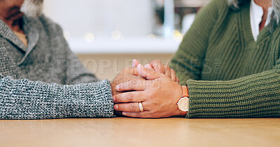 Buy stock photo Holding hands, couple and love in closeup for marriage, support and trust in relationship. Security, hope and care in unity, empathy and man or woman gratitude, home and bonding in commitment
