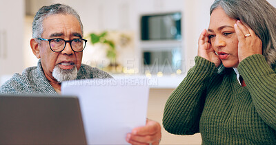 Senior couple, stress and documents for tax, debt and bills, bankruptcy or retirement. Elderly man, woman and paperwork in financial crisis, planning budget or asset management in living room at home