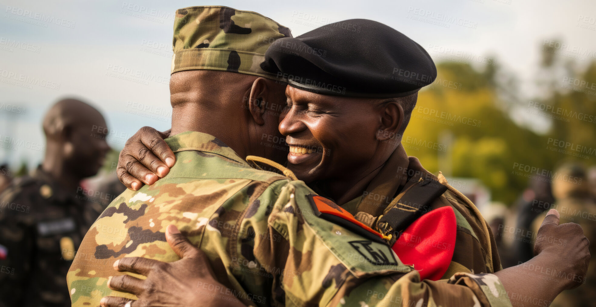 Buy stock photo Men in military uniform embracing in peace. Peace concept.