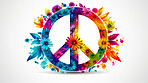 Peace symbol made of flowers. Clear  white backdrop. Peace concept.