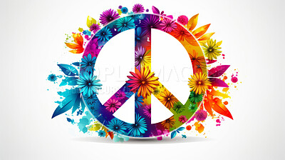 Peace symbol made of flowers. Clear white backdrop. Peace concept.