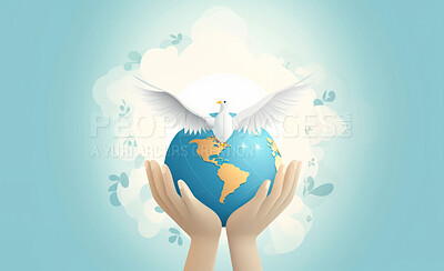 Illustration of hands holding Earth on blue backdrop. Peace concept.