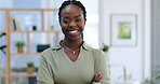 Portrait, smile and business with black woman, arms crossed and career in a workplace. Face, African person and  employee with startup, entrepreneur and consultant with agency, worker or professional