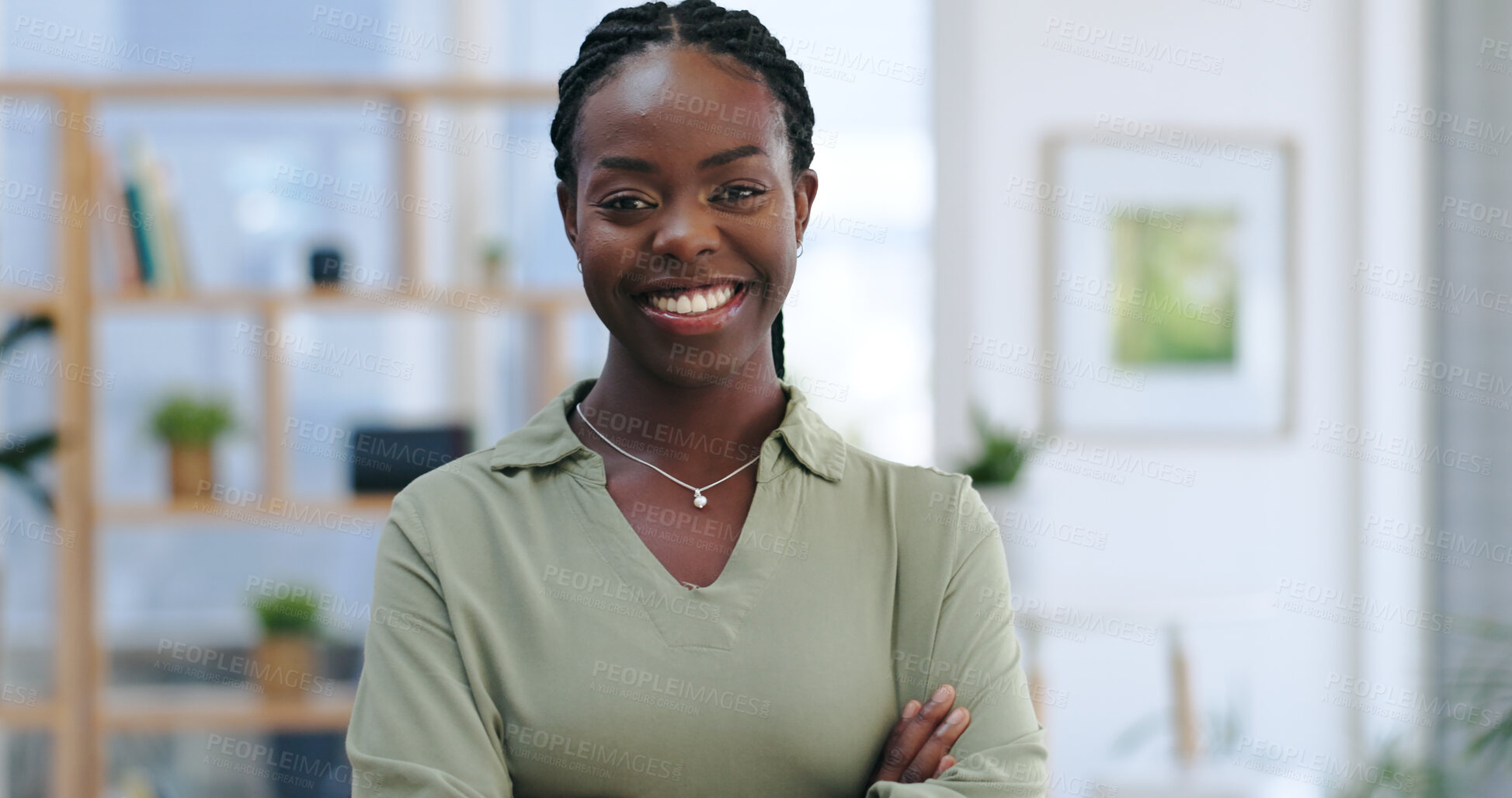 Buy stock photo Portrait, smile and business with black woman, arms crossed and career in a workplace. Face, African person and  employee with startup, entrepreneur and consultant with agency, worker or professional