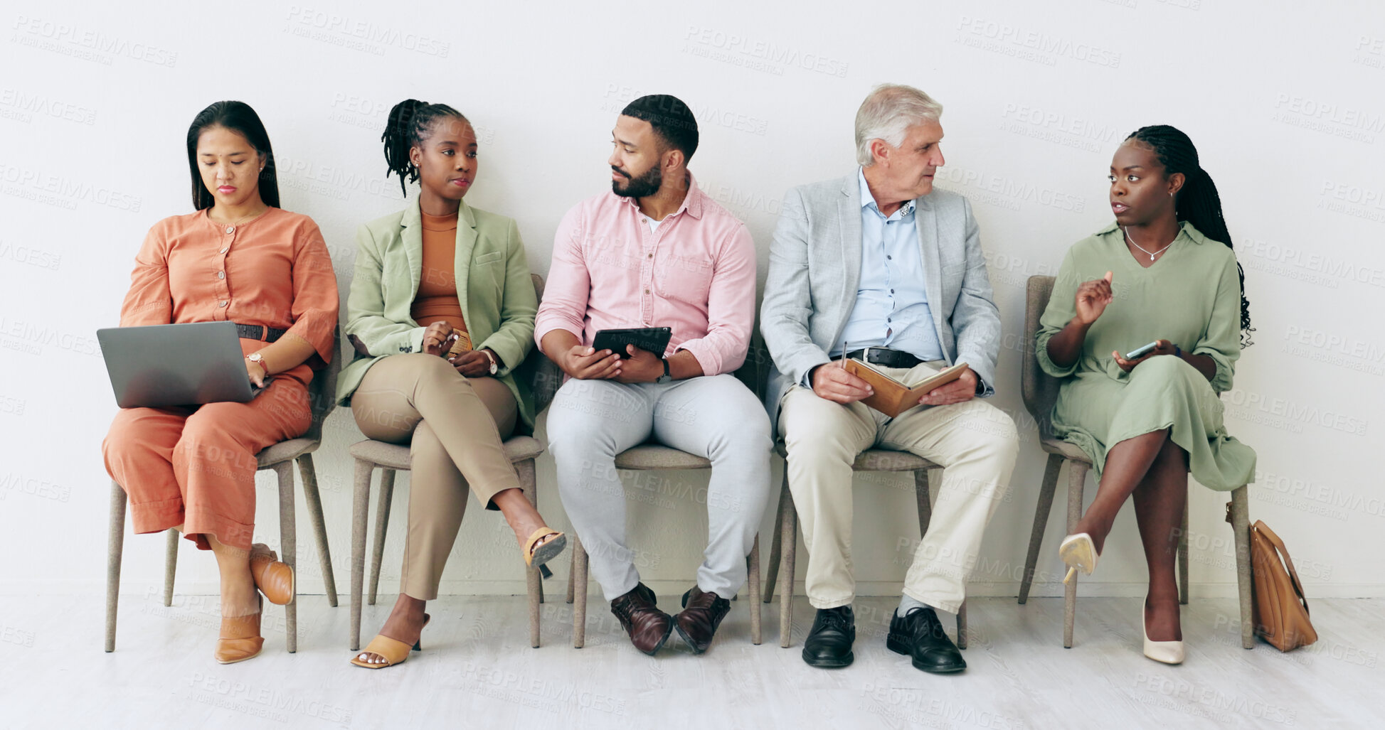 Buy stock photo Waiting room, recruitment and people with notebook, laptop or talking of business networking, HR opportunity and social media. Diversity, job search and Human Resources group of men or women in chair