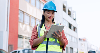 Buy stock photo Construction, woman and tablet for inspection at job site, check digital floor plan and project management. Architect, engineering and paperless blueprint, checklist and assessment with contractor