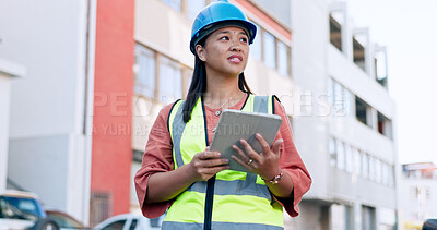 Buy stock photo Construction worker, woman and tablet for inspection, project management and analysis of digital floor plan. Architect, engineering and paperless blueprint, checklist and assessment with contractor