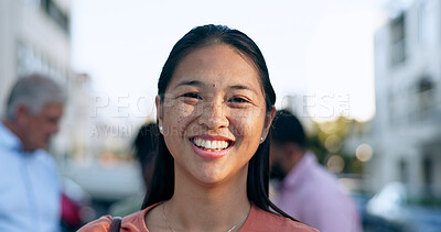 Buy stock photo Business, travel and portrait of asian woman in a city street with confidence, smile or positive mindset. Worker, face and Japanese lady excited for international, trip or urban town opportunity