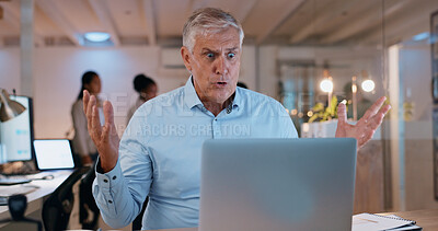 Buy stock photo Shock, senior ceo and man on laptop in office at night for stress, bad news and financial crisis. Mistake, surprise and manager on computer reading email for bankruptcy, tax debt  and business fail