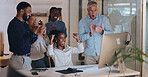Call center, applause and people success, target and sales celebration on computer for telemarketing teamwork. Consultant, agent men and women clapping, excited and yes for winner and news in office