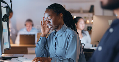 Business woman, headache and call center stress, pain or frustrated on computer with sales fail, crisis or bad news. African agent, night consultant with depression or tired for telemarketing mistake